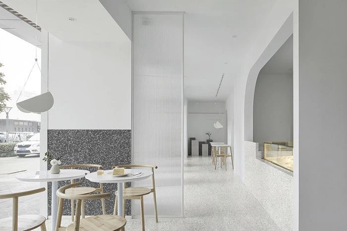 pearl white terrazzo slab kithchen