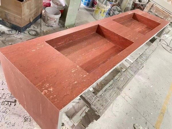 Red Travertine sink honed